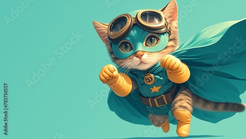A superhero cat with a pastel cloak and mask, flying in the air against a light pastel background. A copy space for text  photo