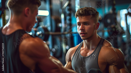 Young Dedicated Athlete Getting Fitness Advice from Trainer in Gym