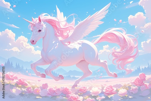A unicorn running through pink clouds  pastel colors  blue sky background