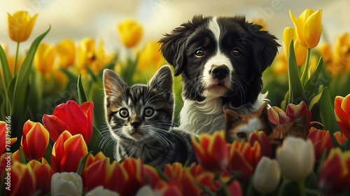 A balck and white very cute puppy dog and cat in a field photo