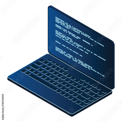 Isometric Laptop. 3d isometric laptop computer. Abstract programming language and program code on a laptop screen. Vector illustration