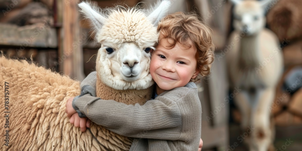 child hugging alpaca in petting zoo. kid embracing llama at farm, domestic animal zoo ad banner concept, horizontal with copy space child hugging alpaca in petting zoo. kid embracing llama at farm, domestic animal zoo ad banner concept, horizontal with copy space