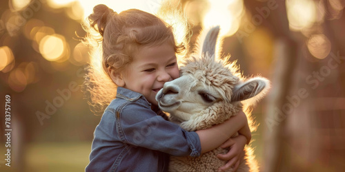 child hugging alpaca in petting zoo. kid embracing llama at farm, domestic animal zoo ad banner concept, horizontal with copy space