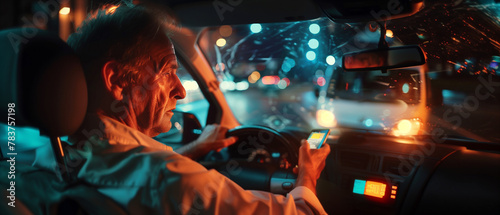 A man in a car at night is distracted by his smartphone, illustrating the danger of using a mobile phone while driving on a busy urban street. photo
