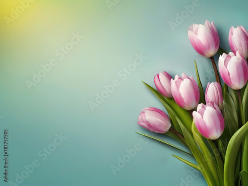 Bouquet of pink tulips on blue background with copy space