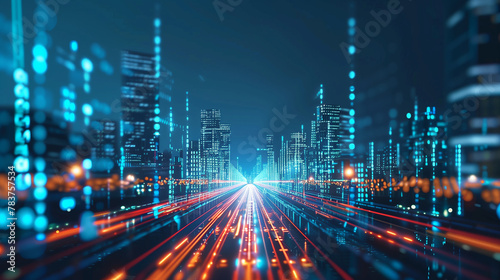 A cityscape with a lot of lights and numbers. The city is lit up and the numbers are scattered throughout the image. Scene is futuristic and modern