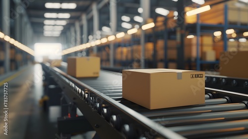 Conveyor belt in a distribution warehouse, showcasing a row of cardboard box packages for delivery