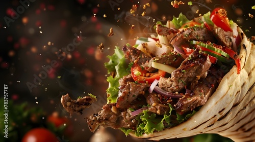 Fresh grilled beef Turkish or chicken Arabic shawarma doner sandwich with flying ingredients and spices