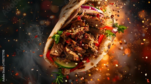Fresh grilled beef Turkish or chicken Arabic shawarma doner sandwich with flying ingredients and spices photo