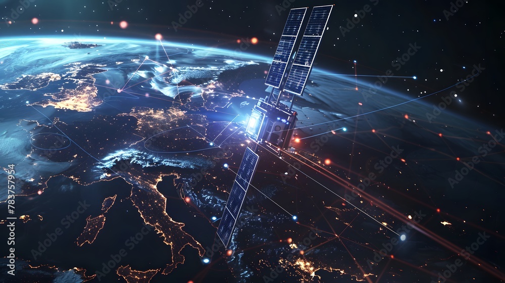Telecom communication satellite orbiting around the globe Earth, featuring futuristic technology datum hologram information