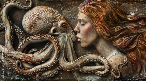 ancient painting mermaiden and octopus hibrid is kissing an octopus photo