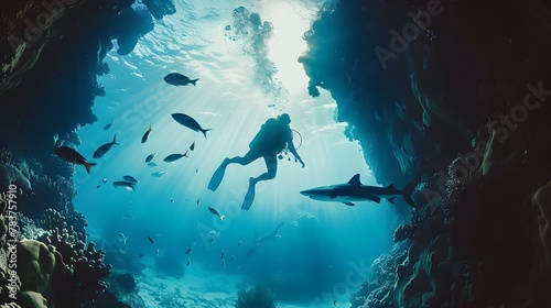 Scuba diver navigating through a tunnel under the ocean, surrounded by fish and a dangerous killer shark