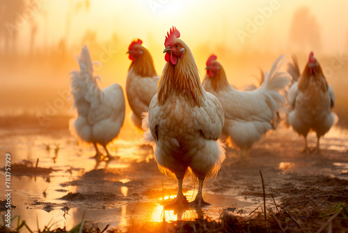 A beautiful white hen close-up stands with a flock of chickens against the background of a rural landscape, poultry yard, portrait, morning, dawn © Мария Кривецкая