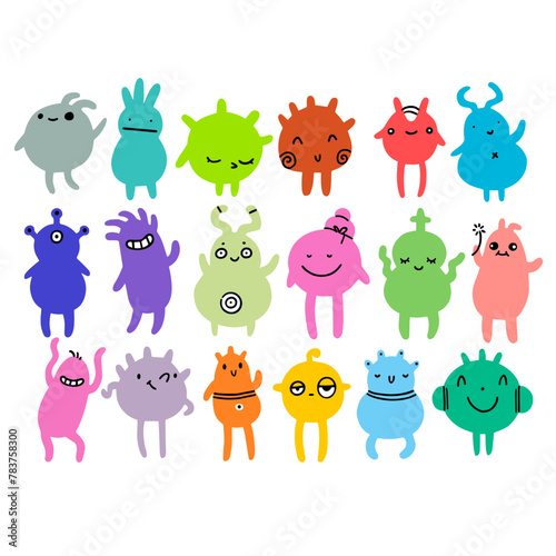 Cute cartoon hand drawn monsters vector set. Colorful germ characters for children, cute face expressions. 