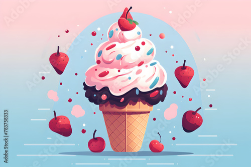 A dessert treat with strawberries and cherries on an ice cream cone