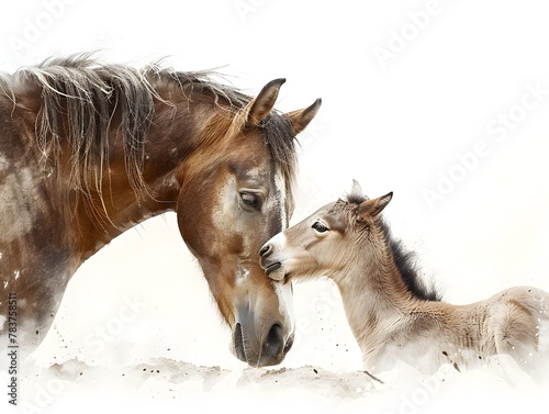 A Tender Embrace A Mare and Her Foal Sharing a Heartwarming Moment in the Snowy Landscape © Meta