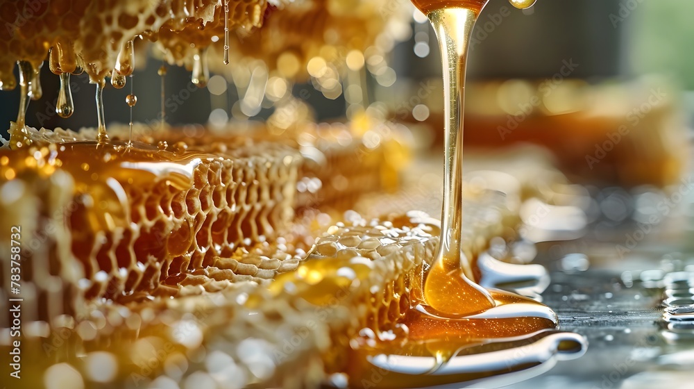 Honey Extraction from Combs Using Centrifugal Extractor Illustrating Honey Production Process with Close up Details and Copy Space