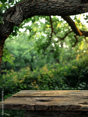 Wooden table in front of lush green forest