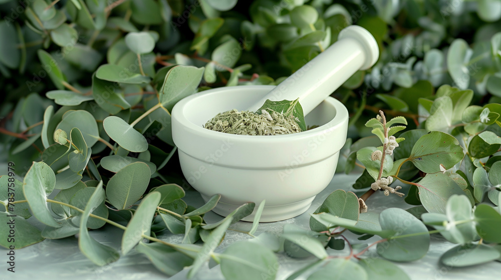Eucalyptus leaves and white mortar, pestle. Ingredients for alternative medicine and natural cosmetics. Beauty, spa concept, Spa stones, palm leaves, candle like grey stones on white background
