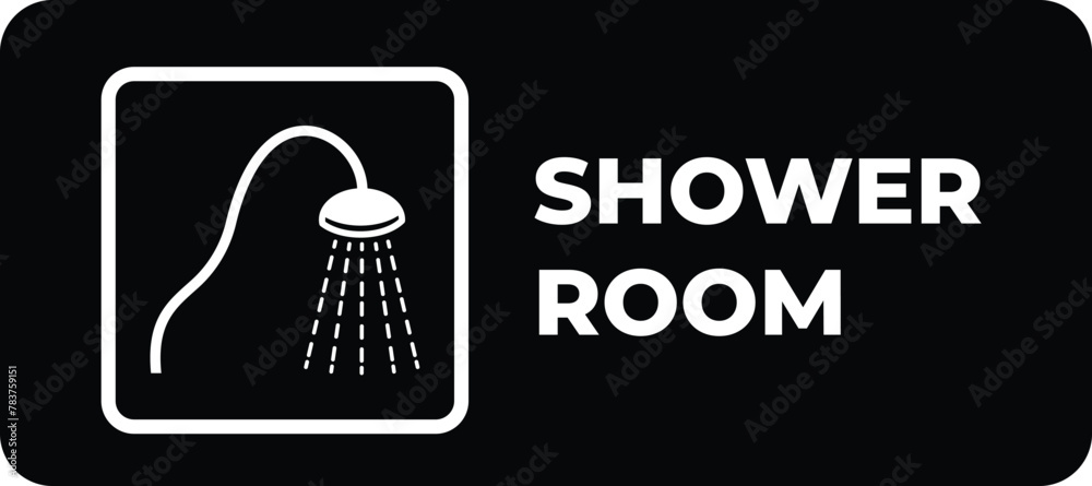 Naklejka premium Black and white shower room with waters shadow signage vector illustration silhouette isolated on rectangle background. Simple flat cartoon styled drawing.