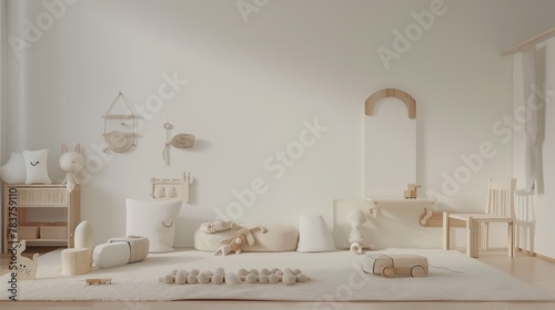 An artfully crafted rendering of a mockup wall in a children's room, capturing the essence of Scandinavian design, against a pristine white background,