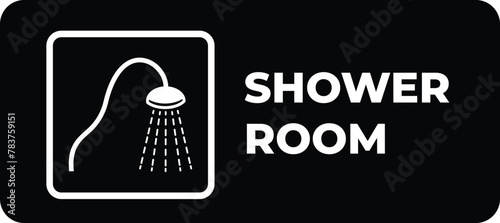 Black and white shower room with waters shadow signage vector illustration silhouette isolated on rectangle background. Simple flat cartoon styled drawing.