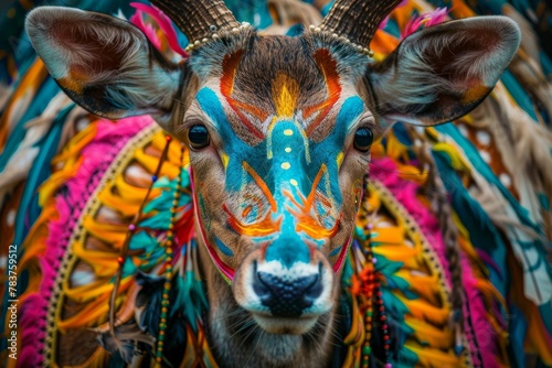 Regal deer with vibrant headdress, painted visage, spiritual aura closeup