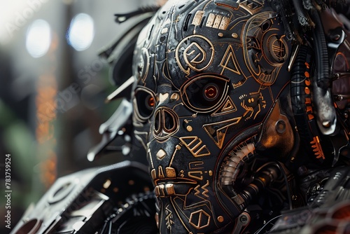 Mystic mech with etched Aztec facial designs, carbon fiber plumes, industrial setting