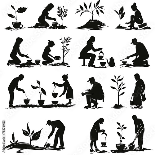 Delicate outline illustrations depict people engaging in coffee planting and processing, rendered as black sketches on a white background.