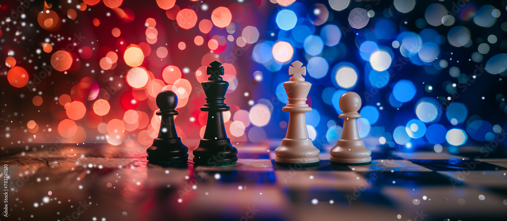 black with white chess on chessboard with bautiful bokeh glittering blue and red lights