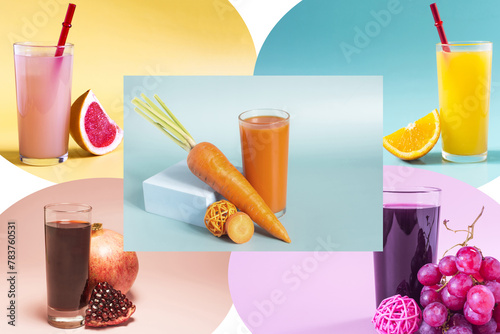 A collage of vivid photos of natural juices in close-up.