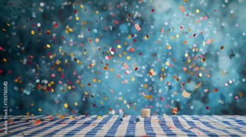 An empty table decorated with scattered confetti. and a small blue and white checkered tablecloth. Viewers are invited to imagine the lively scenes that might appear on this attractive table. photo