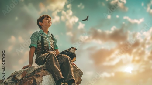 Young boy sits on big rock with eagle next to him male kid in knickerbockers retro style sunset lower angle shot photo