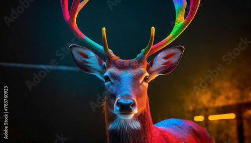 Portrait of deer in highly-coloured neon lights © Wojciech