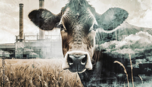 Close view of cow head with factory and vegetation in background - sustainable development © Wojciech