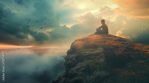 Man sits on top mountain enjoy view of sunset foggy landscape birds fly in sky and clouds