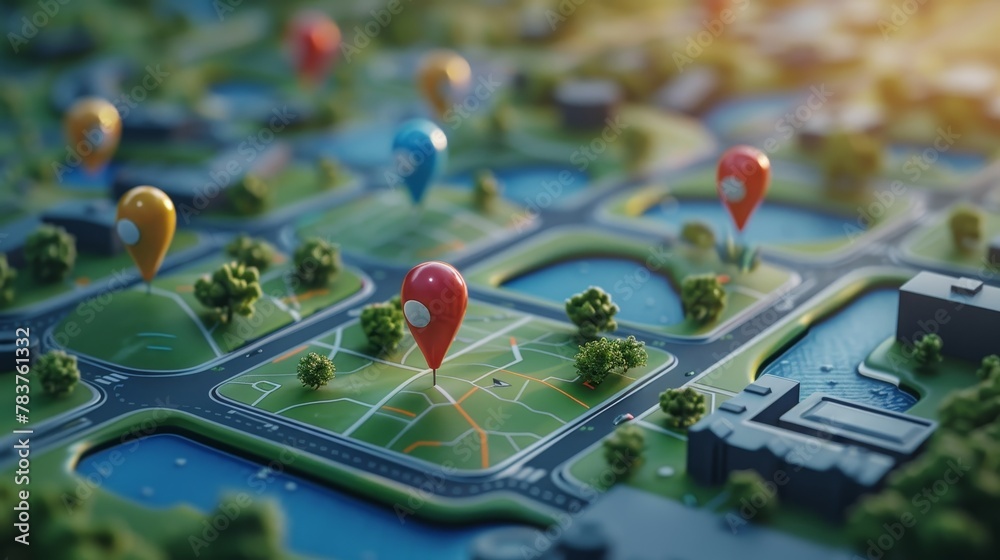 Community Mapping: A 3D vector illustration of a map with pins marking locations Community Mapping: A 3D vector illustration of a map with pins marking locations