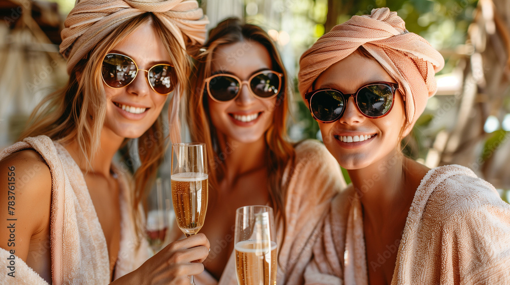 Celebration party at spa. Friends congratulation. Young women with champagne. Sunglasses, bathrobes and turbans on. Aroma therapy oils placed next to a white towel and flower. Spa treatment products.