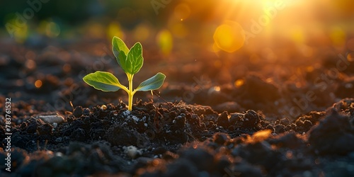 Tender Green Sprout Emerging from Soil at Glowing Sunrise