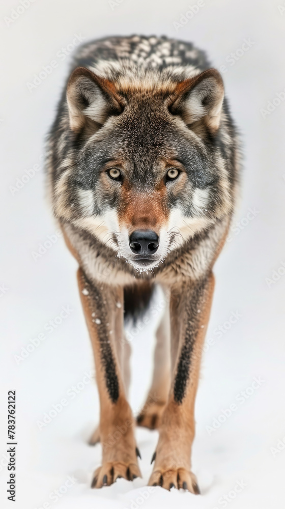 Obraz premium front view gray wolf walking forward isolated on white background