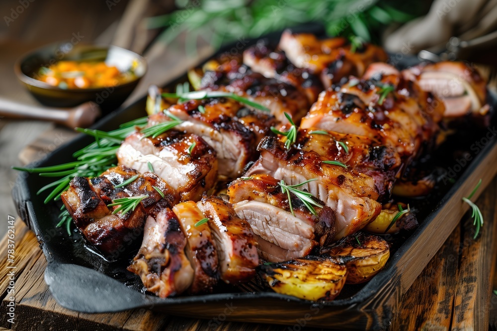 A sizzling Summer Barbecue Pork platter presented on a rustic wooden table, captured in the style of Gordon Ramsay's culinary photography