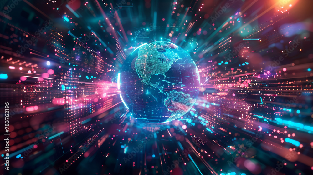 Fototapeta premium A computer generated image of a globe with a blue and pink background. The globe is surrounded by a network of lines and dots, giving it a futuristic and technological feel