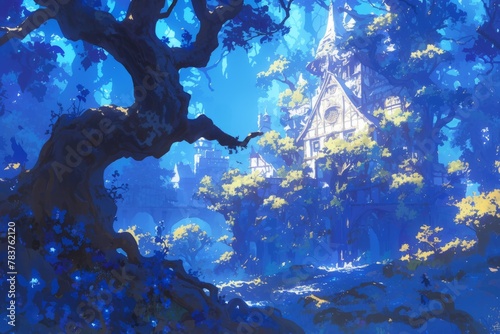 Blue forest, illustration, wallpaper, art