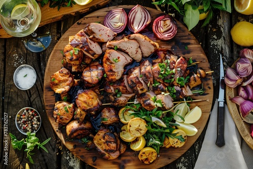 A sizzling Summer Barbecue Pork platter presented on a rustic wooden table, captured in the style of Gordon Ramsay's culinary photography
