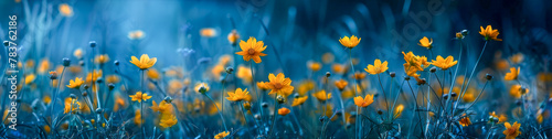 A panoramic view captures the vivid yellow wildflowers standing out in stunning contrast against the cool tones of dusk