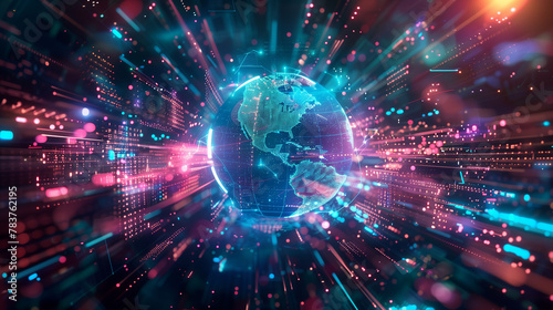 A computer generated image of a globe with a blue and pink background. The globe is surrounded by a network of lines and dots, giving it a futuristic and technological feel