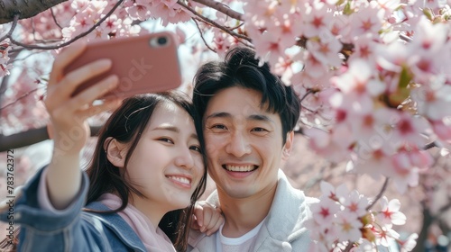 Japanese couple taking selfie in the sakura blooming garden
