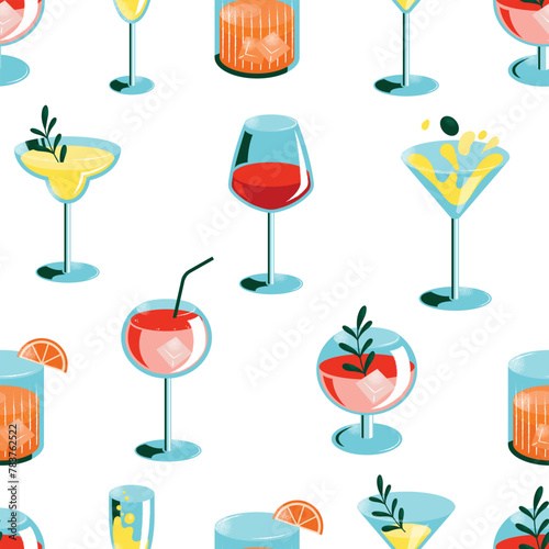 Seamless pattern cocktails. An illustration of classical drinks in different types of glasses. Vector illustration of summer cocktails isolated on background. Popular cocktails for design menu posters