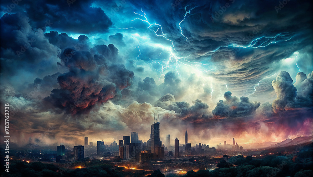 Illustration of abstract storm with lightning strikes in the sky above a city
