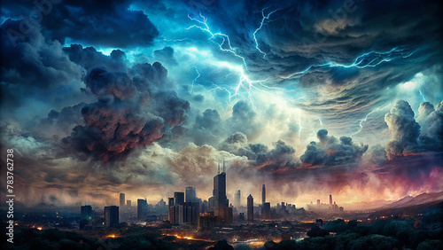 Illustration of abstract storm with lightning strikes in the sky above a city